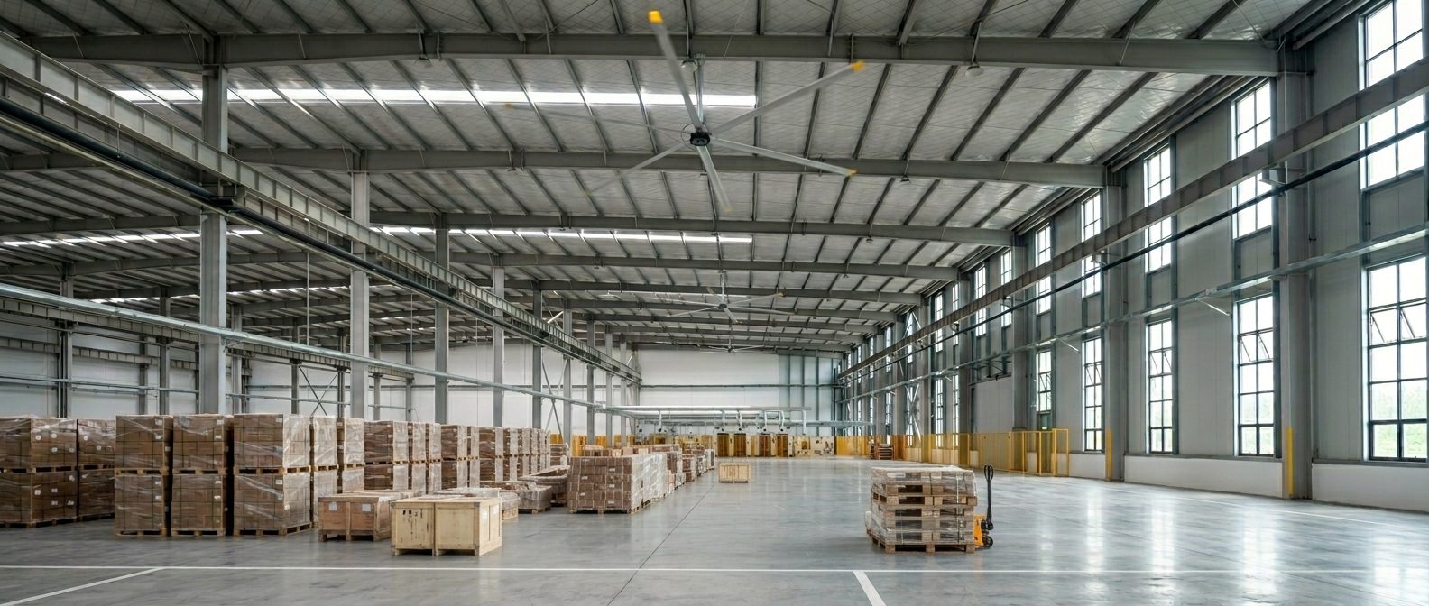 HVLS fans running in a distribution warehouse